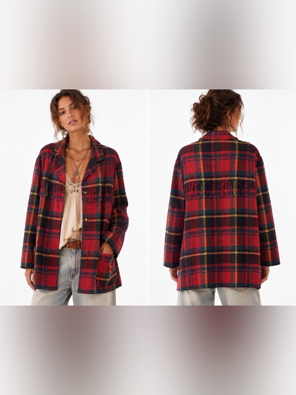 Vintage Lizwear Red Tartan Plaid Wool Mohair Coat Fringe Western Jacket Size 10
